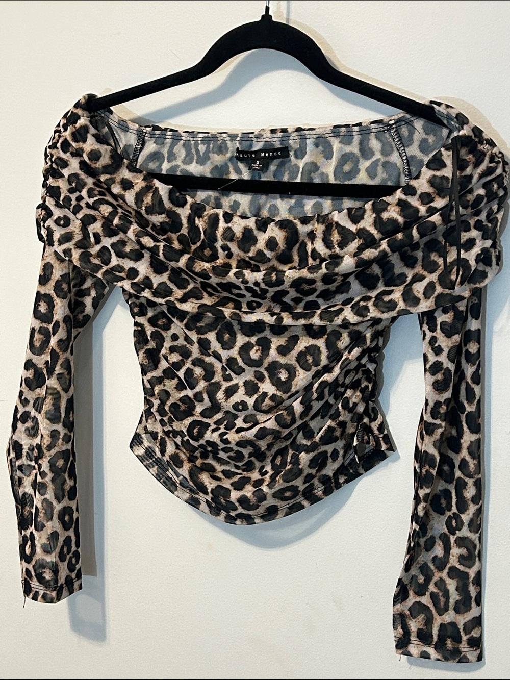 Haute Monde sheer Animal Print Off-Shoulder Long Sleeve Top  roushed sides